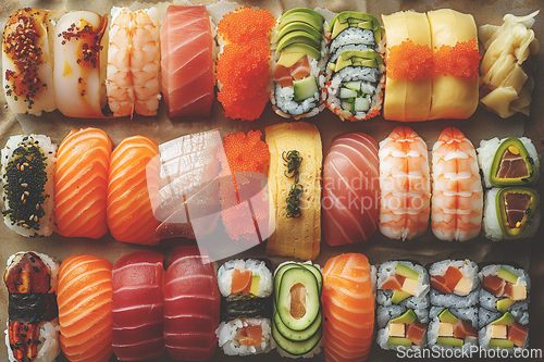 Image of Assorted Delicious Sushi Set on Neutral Background