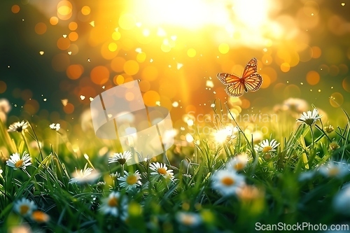 Image of Vibrant Butterfly on Wildflowers in Sunlit Meadow