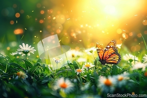 Image of Monarch Butterfly on Daisy in Sunlit Meadow