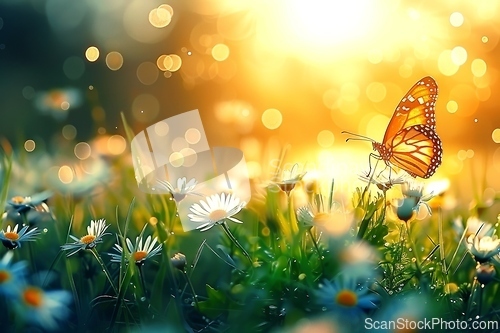 Image of Vibrant Butterfly on Daisy Field at Golden Hour