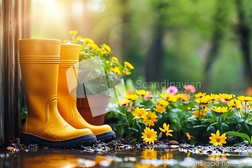 Image of Yellow Rain Boots and Spring Flowers After Rain