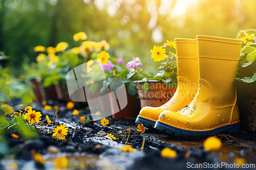 Image of Gardening Concept with Yellow Boots and Flower Pots