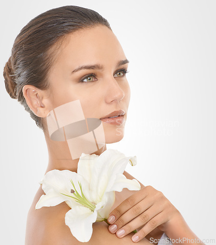 Image of Beauty, floral and beautiful woman in studio with natural, glow and cosmetic face routine. Makeup, confident and young female person with flower plant for facial cosmetology by white background.