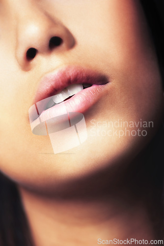 Image of Lips, cosmetic care and beauty with closeup of woman, smooth skin and dermatology for skincare. Natural, wellness and lipcare with mouth of model for treatment, facial and filler for antiaging