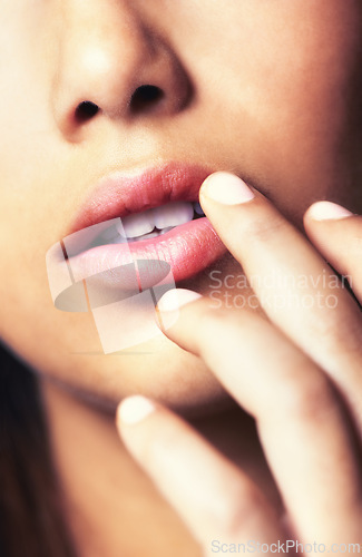 Image of Hand on lips, beauty and closeup of woman for cosmetic care, smooth skin and dermatology for skincare. Natural, wellness and lipcare with mouth of model for treatment, facial and filler for antiaging
