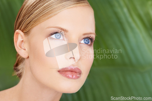 Image of Woman, skincare and thinking with vision for wellness, detox and beauty on green background. Female person, makeup and face with confident ideas for cosmetics, glow and routine for daily hydration