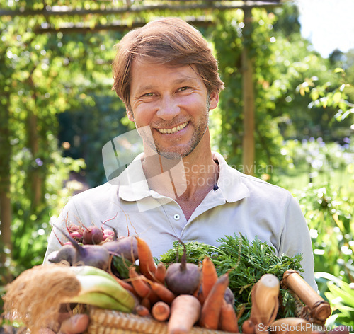 Image of Farmer, portrait and basket for vegetables agriculture for small business or gardening, production or sustainability. Male person, face and carrots or beetroot for eco friendly, nutrition or diet