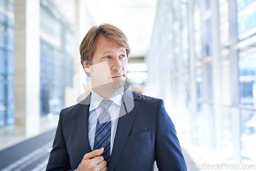 Image of Thinking, office and face of business man in hallway for ideas, pride and confident mindset for company. Corporate manager, professional and mature person in workplace for career, job and opportunity