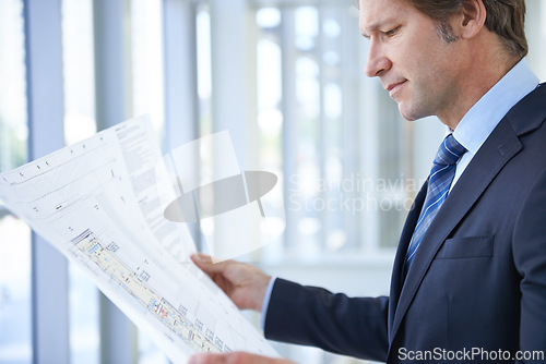 Image of Engineering blueprint, architecture and man in office with papers for planning, building project and property. Real estate, contractor and person with document, idea or drawing for floor plan