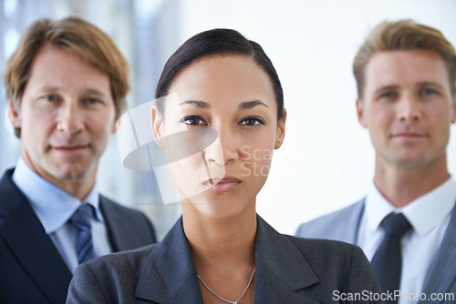 Image of Teamwork, serious and portrait of business people in office for pride, confidence and collaboration. Corporate lawyers, professional career and men and woman for partnership, leadership or management