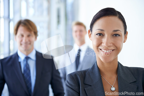 Image of Teamwork, woman and portrait of business people in office for legal company, consulting or collaboration. Corporate lawyer, professional attorney and men and woman for partnership, law firm or career