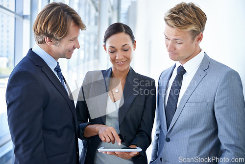 Image of Meeting, teamwork and business people in office with tablet for legal company, law firm and collaboration. Corporate, attorney and lawyers on digital tech for online research, website and networking