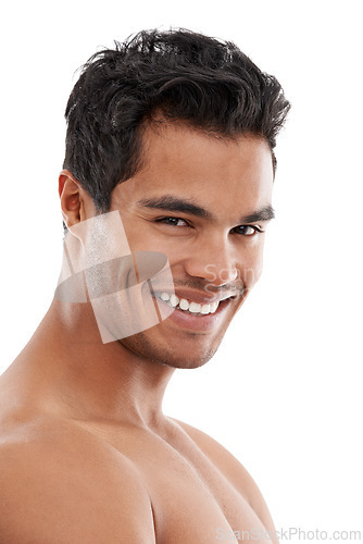 Image of Skincare, portrait and happy man in studio for wellness, treatment or dermatology on white background. Face, smile or male model with beauty, care or after shower, glowing skin or result satisfaction