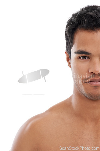 Image of Skincare, man and half portrait in studio for wellness, treatment or glowing skin on white background. Face, mockup or male model with beauty, care or after shower, dermatology or result satisfaction