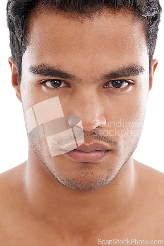 Image of Portrait, beauty and skincare with young man closeup in studio isolated on white background for cosmetics. Face, aesthetic and wellness with confident model at spa for dermatology or treatment