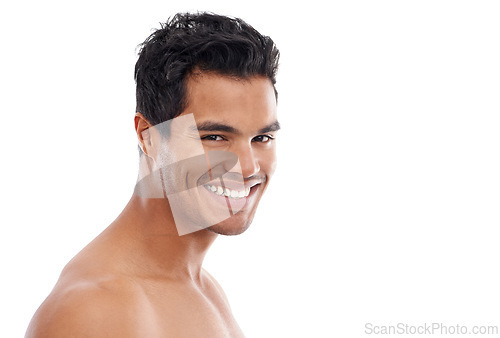 Image of Happy man, skincare or portrait in studio for wellness, treatment or glowing skin on white background. Face, mockup or male model with beauty, care or after shower, dermatology or result satisfaction