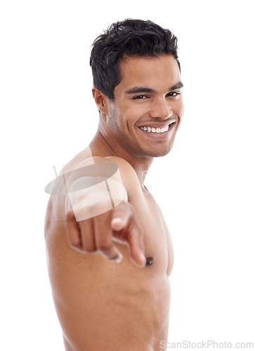 Image of Fitness, portrait and man with hand pointing at you in studio for gym membership, offer or invitation on white background. Body, face and athlete with finger gesture for muscle or workout challenge