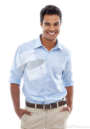 Image of Portrait, smile and business man in studio with professional, confidence and career on a white background. Friendly Mexican worker, accountant or employee in a shirt for fashion, clothes and style