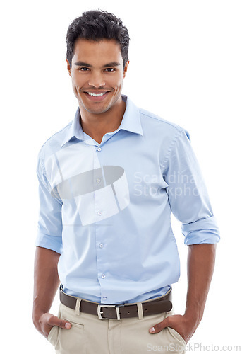 Image of Portrait, smile and business man in studio with professional, confidence and career on a white background. Happy Mexican person, accountant or employee in shirt for formal fashion, clothes and style