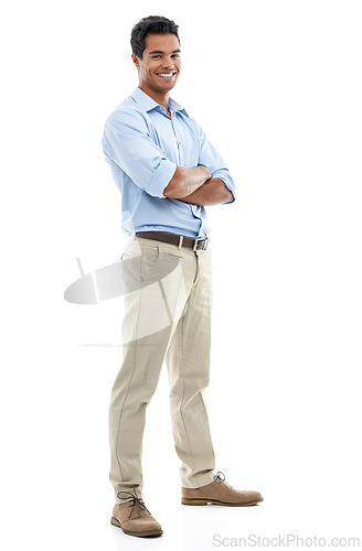 Image of Studio, happy and business man with arms crossed for confidence in his career on a white background. Portrait of person, accountant or worker in power, professional fashion and clothes for cool style