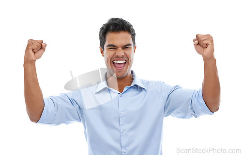 Image of Success, winner and business man in studio for celebration, achievement or winning of bonus or happy sales. Excited employee with fist, yes and shouting for news or opportunity on a white background