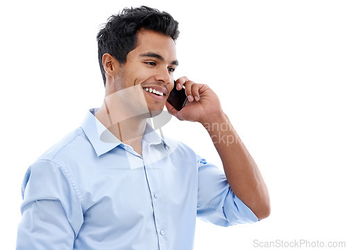 Image of Professional, man and thinking with phone call for communication, networking and consulting in studio. Happy business advisor or employee speaking on mobile with chat and advice on a white background