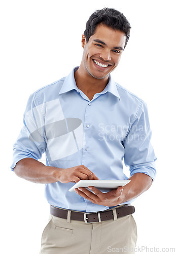 Image of Business, man and tablet in studio for online planning, research and trading on a white background. Happy portrait of professional worker, trader or Mexican person with digital technology or software