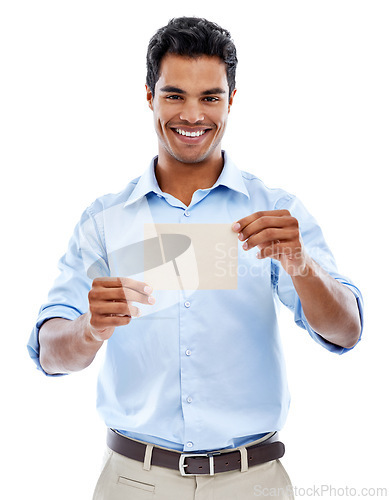 Image of Mockup, portrait and happy man with business card in studio for startup, promotion or marketing on white background. Paper, recruitment and recruiter with space for we are hiring, contact us or info