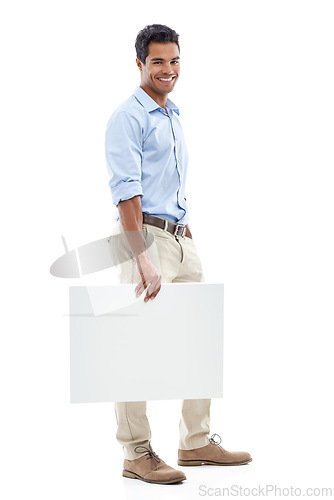 Image of Business, man and poster mockup in studio for career information, creative board or marketing. Portrait of a professional person, employee or designer with space for planning on a white background