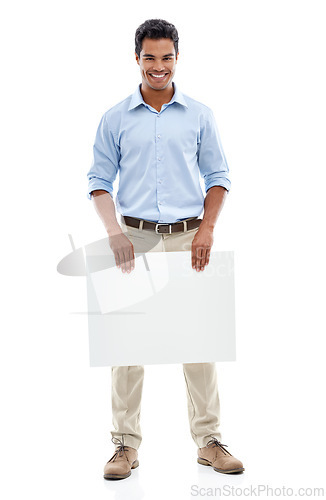 Image of Banner, mockup and business man in studio with news, presentation or promotion on white background. Poster, recruitment or male agent with space for we are hiring, information or opportunity platform