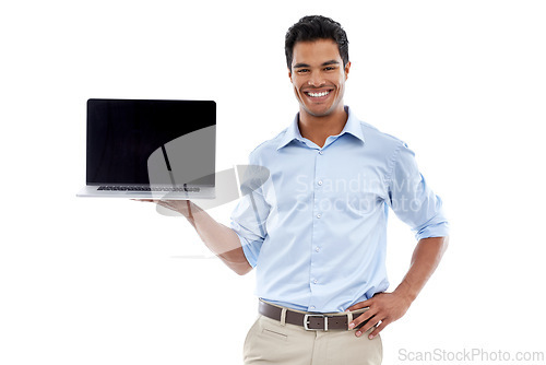 Image of Laptop, screen and portrait of business man in studio with mockup for deal, offer or platform on white background. Pc, space and face of agent with online guide, information or sign up service promo