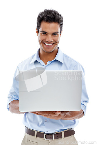 Image of Happy man, portrait and laptop in studio for web communication, scroll or search on white background. Pc, face or entrepreneur online for small business startup research, social media or email check
