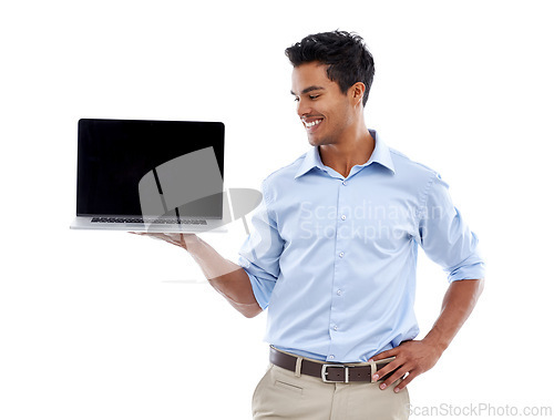 Image of Business man, laptop and mockup screen for advertising, ads and information with technology in studio. Software, UX and marketing for web design with presentation or slideshow on white background