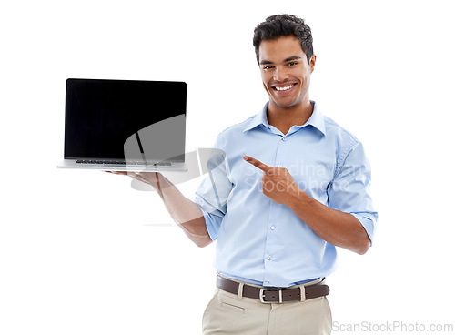 Image of Business man, laptop and pointing at mockup screen for advertising, ads and info with tech in studio. Software, UX and marketing for web design with presentation or slideshow on white background