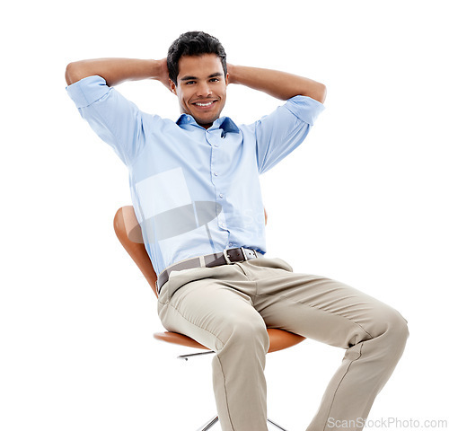 Image of Business, man and relax on chair in studio for career confidence, break and happy on a white background. Portrait of a mexican person, worker or employee stretching for satisfied, done or stress free