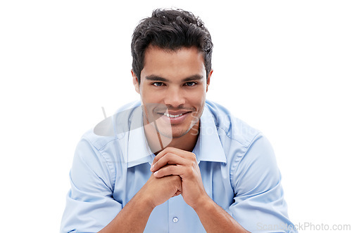 Image of Professional man, portrait and smile in studio, corporate employee and career in sales on white background. Business, positivity and pride with confident salesman ready for deal and ambition