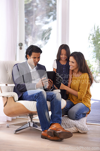 Image of Happy, relax and parents with child on tablet for online games, watching movies and streaming film. Family, home and mother, father and girl on digital tech for cartoons, website and videos together