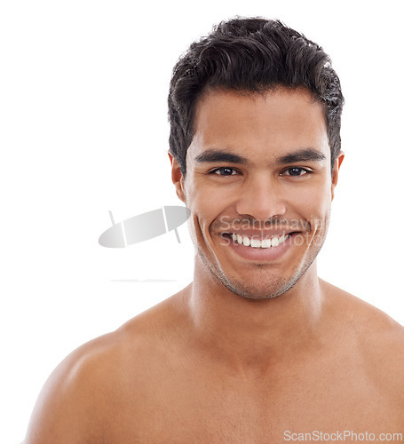 Image of Portrait, skincare or happy man in studio for wellness, treatment or glowing skin on white background. Face, body or mexican model with beauty, care or dermatology, routine or result satisfaction