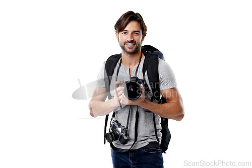 Image of Photographer, portrait and backpack with camera in studio for career, behind the scenes and happy. Photography, person or smile with equipment, mockup space or shooting gear for photoshoot or passion