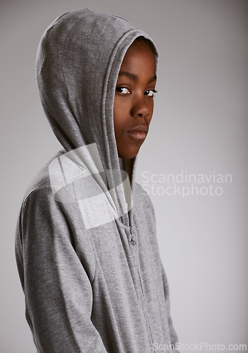 Image of Hoodie, fashion and portrait of teenager in studio with serious kid in stylish streetwear on grey background. African, child and cool boy with casual style, clothes and comfortable outfit in mockup