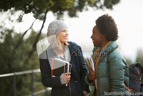 Image of Women, university student and friends with book on campus for sharing, information and notes on research. Classmates, campus and knowledge with advice to prepare for assignment submissions.