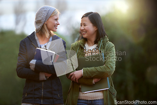 Image of University, books and conversation with woman friends outdoor on campus together for learning or development. College, education or school with young student and best friend talking at recess break