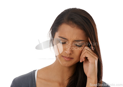 Image of Stress, frustrated and a woman with a headache, burnout and model isolated on a white studio background. Person, anxiety and girl with a migraine and massaging temples with fatigue or tired with pain