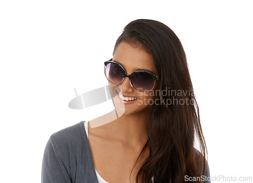 Image of Closeup, Indian woman and sunglasses with smile in studio, white background and happy for new frame with confidence. Eyewear, shades and vision for eyesight to block sunshine, satisfied with glasses