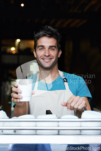 Image of Portrait, smile and man in coffee shop with machine, paper cup or small business owner in hospitality. Service, cafe and happy barista in restaurant with drink, latte or face of entrepreneur in store