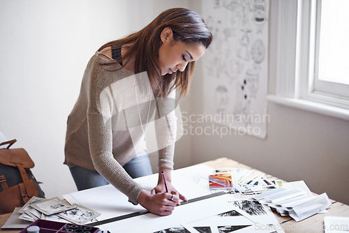 Image of Woman, photography and paper for creative project with images for art portfolio, planning or professional. Female person, pencil and ruler in studio with picture prints or magazine, proposal or hobby