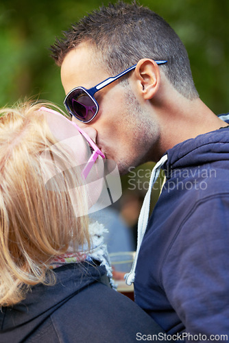 Image of Kissing, fun and outdoor with couple, love and excitement with happiness and marriage with weekend break. People, culture and man with woman or romance with relationship and summer with vacation