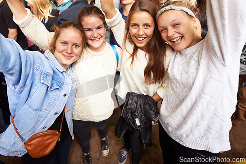 Image of Portrait, women and excited for a festival, friends and happiness on weekend break or summer. People, girls or group with joy or celebration for event or party with smile or bonding together with fun