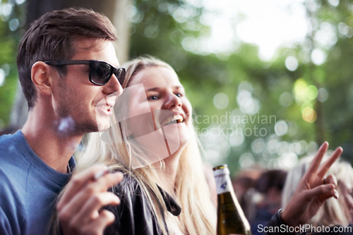 Image of Outdoor, smile and excited with couple, festival and cheerful with happiness and bonding together. Outside, carnival and man with woman or crowd with fun and joy with celebration and party with event