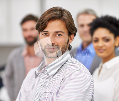 Image of Happy, office and businessman in portrait with confidence and commitment at work. Accounting, company and smile face for teamwork for support, leadership and together with career pride in workplace